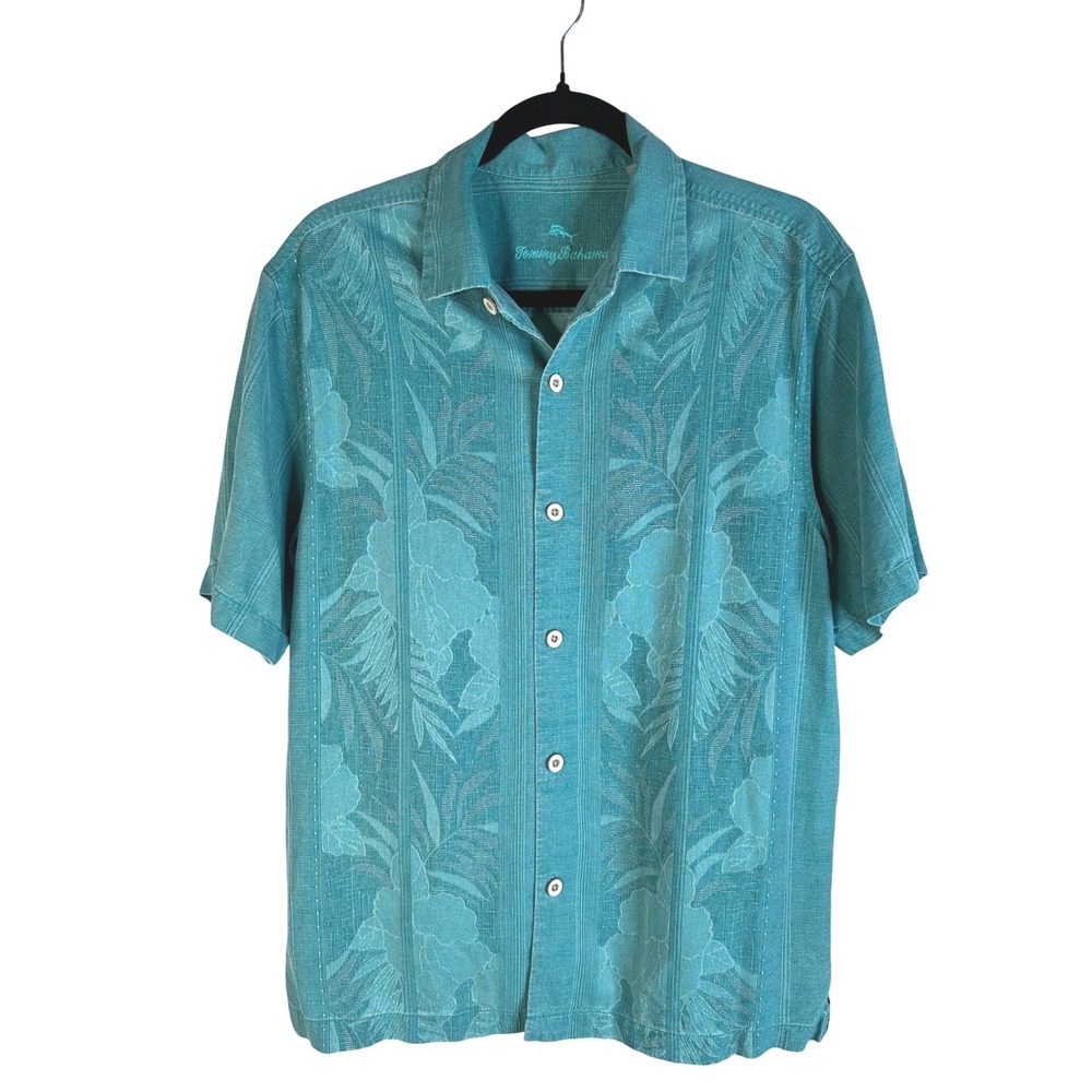 Tommy Bahama Men's Silk Teal Jacquard Floral Camp Button Down Shirt Size Medium